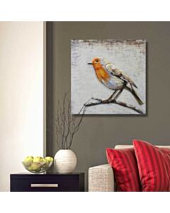 A Robin on a Small Branch, 3D Metal Painting on Metal
